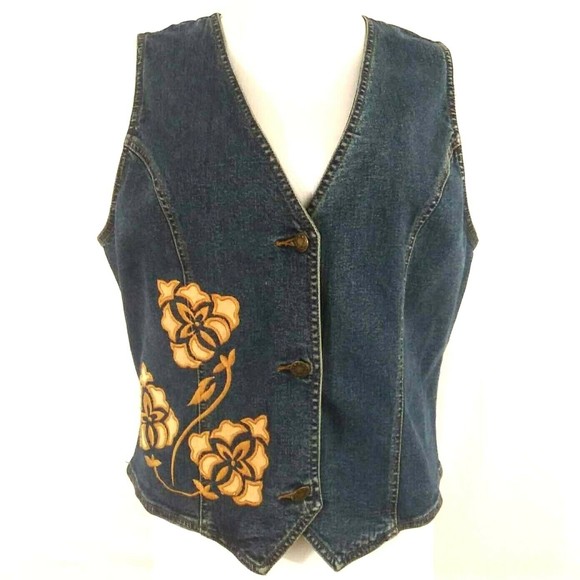 Laura G Blue Denim Embroidered Applique Metal Button Vest 10 - Picture 2 of 5